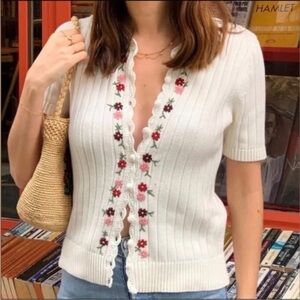 Sezane Ivory Cardigan with Red and Pink Floral Details